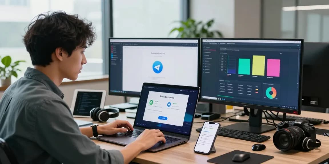 Telegram download demonstration in a modern tech workspace with dual monitors and vibrant app interface.