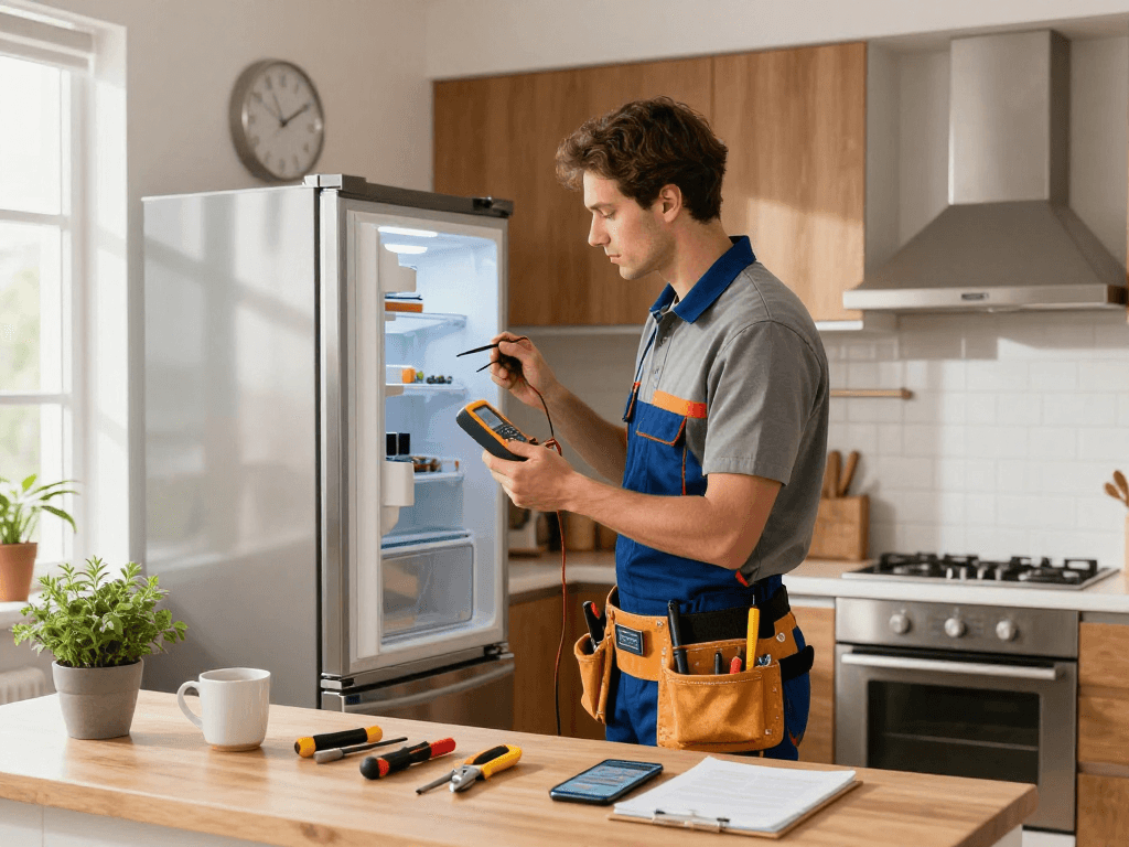 Appliance Repair Vaughan technician examining a refrigerator in a modern kitchen, showcasing professional service.