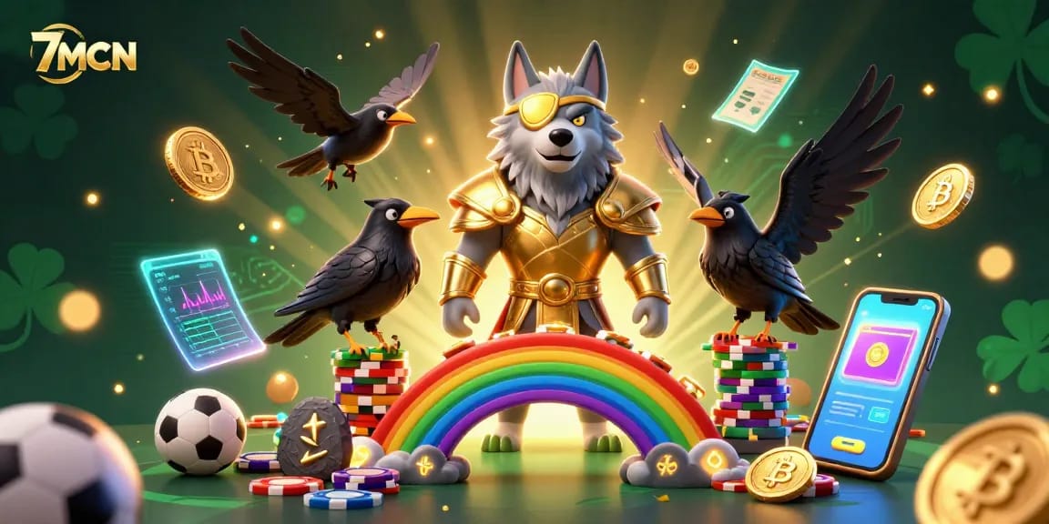 Bet on sports with 7MCN, featuring Odin and ravens on a colorful casino backdrop.
