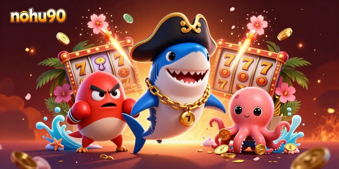Spin big wins with nohu90 at this dynamic 3D treasure hunt featuring slots, coins, and festive elements!