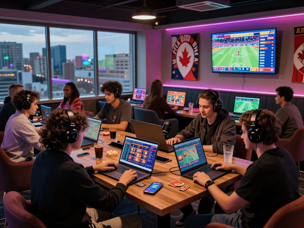 Diverse group enjoying gambleonline on devices in a vibrant gaming lounge, with live sports feeds and colorful LED lights.