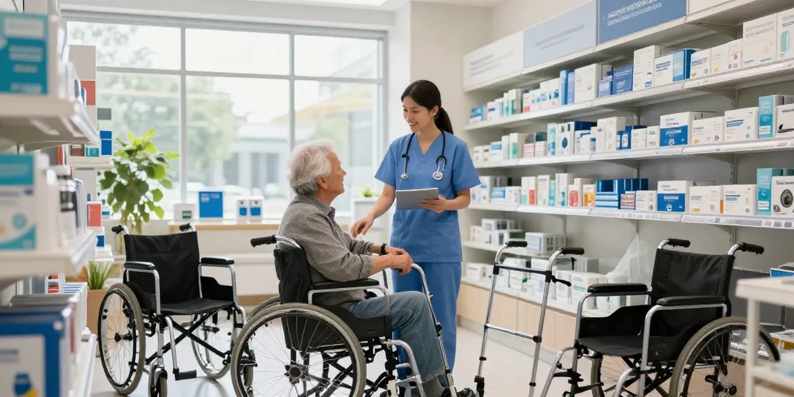 emrn medical supplies aiding elderly customer selection in a bright, organized medical supply store