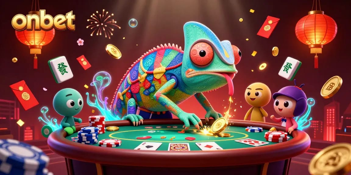 Engage with the excitement of onbet's colorful casino scene featuring a watching chameleon and dynamic game elements.