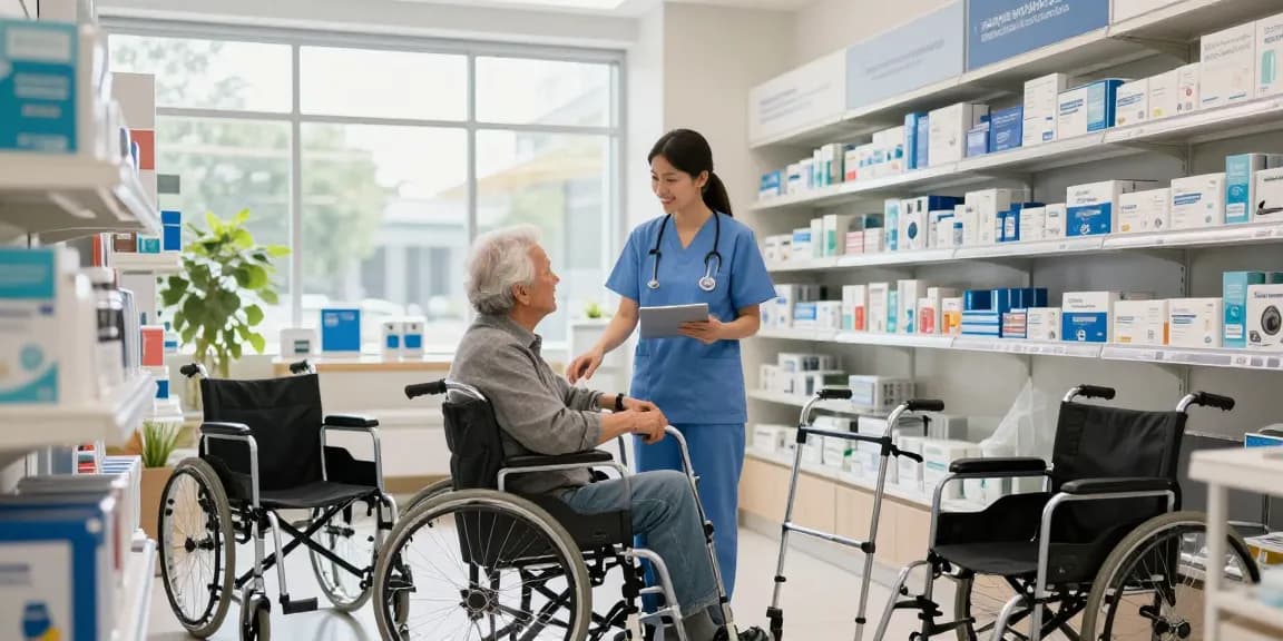 emrn medical supplies aiding elderly customer selection in a bright, organized medical supply store