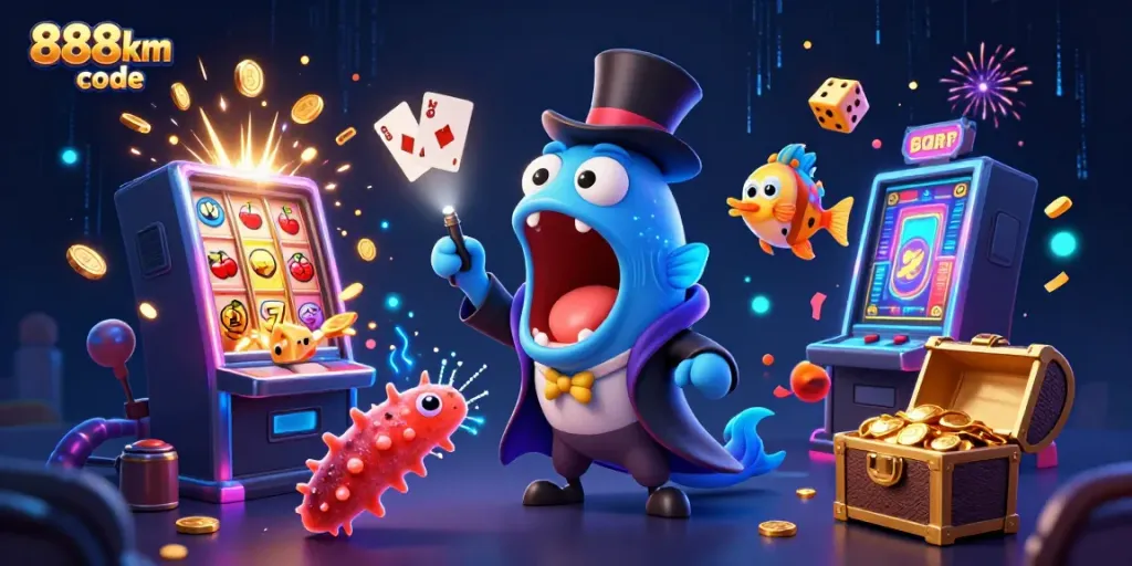 Engage with the 888km code casino scene, showcasing unique characters and vibrant gambling action.