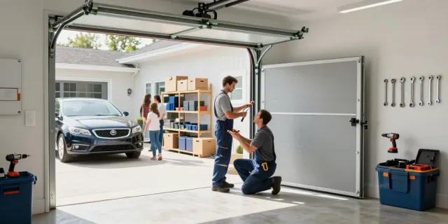 Garage door company Niagara Falls technician installing modern garage door with tools in bright, organized setting.