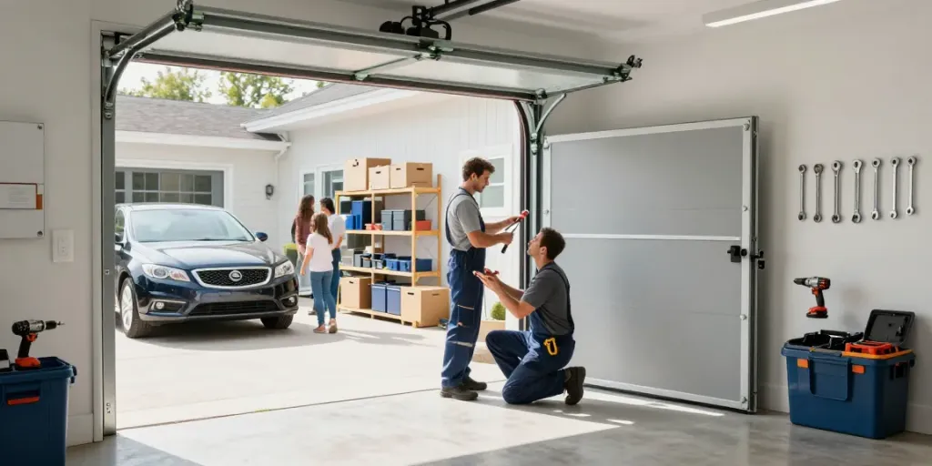 Garage door company Niagara Falls technician installing modern garage door with tools in bright, organized setting.