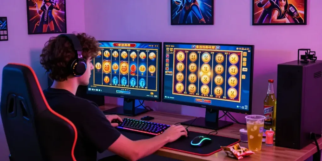 Pengguna menikmati permainan situs slot dengan grafik cerah dan pengalaman gaming yang menyenangkan di ruang kerja modern.