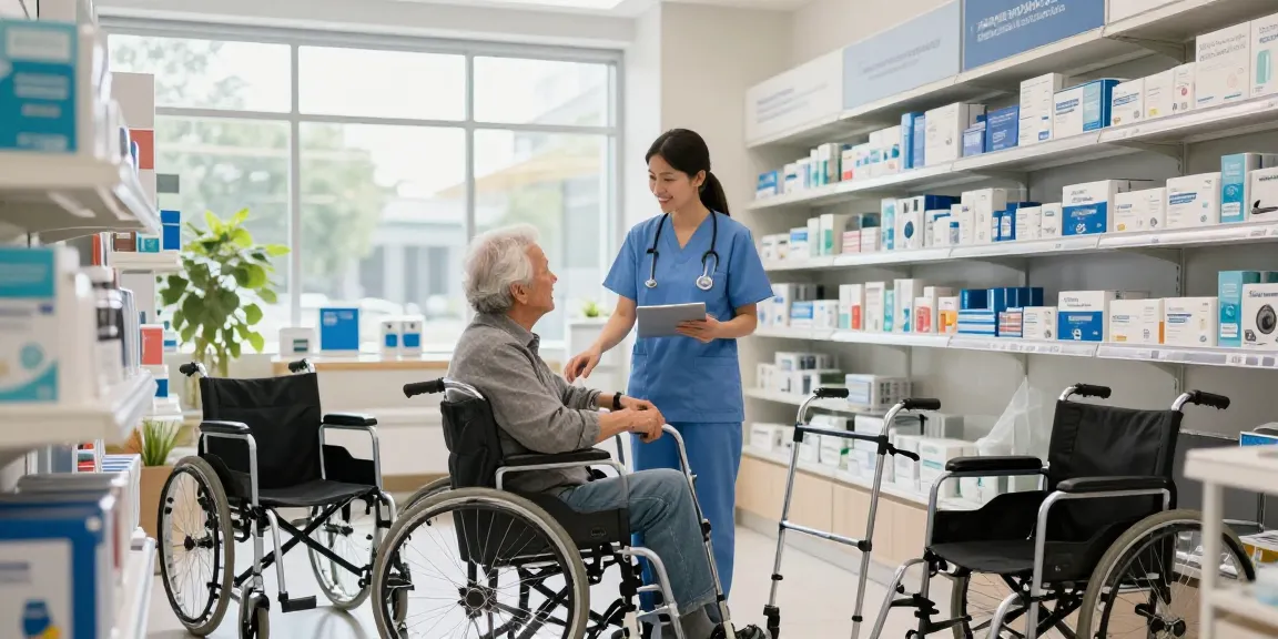emrn medical supplies aiding elderly customer selection in a bright, organized medical supply store