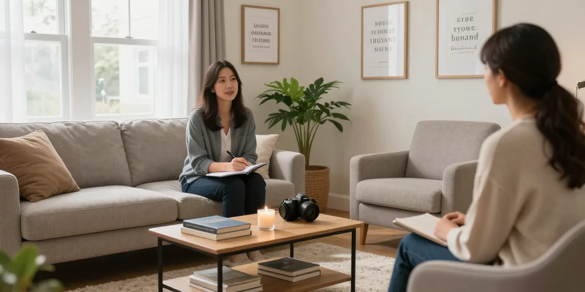Therapy room setting for psychotherapy haldimand with cozy seating and calming decor.
