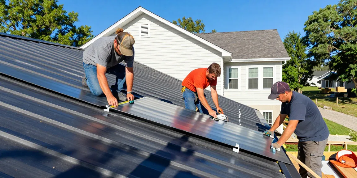 Metal roofing contractors installing a roof, showcasing teamwork and craftsmanship on a sunny day.