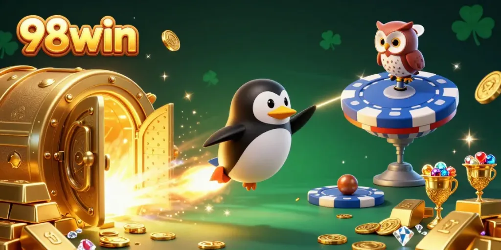 Experience thrilling slots with 98win in this vibrant casino-themed illustration.