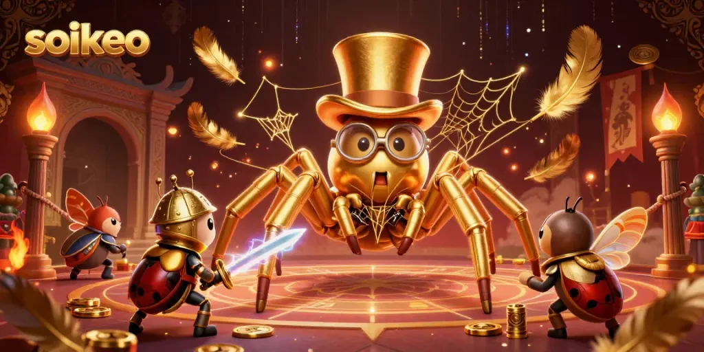 Engage in thrilling gameplay at soikeo's casino with a golden tarantula and bold beetle knight.