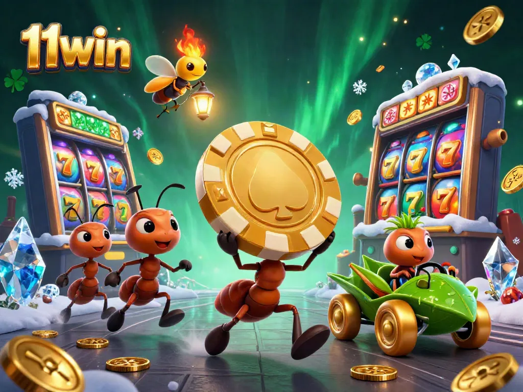 Ants joyfully carrying a golden poker chip for 11win through a vibrant casino-themed scene.