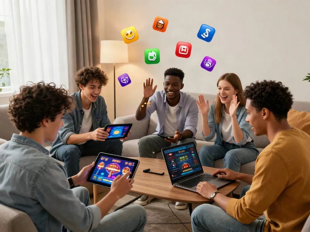 Friends enjoying games at https://du88az.net/ in a lively living room.