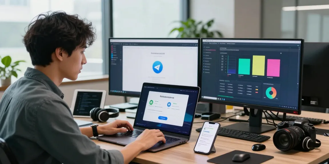 Telegram download demonstration in a modern tech workspace with dual monitors and vibrant app interface.