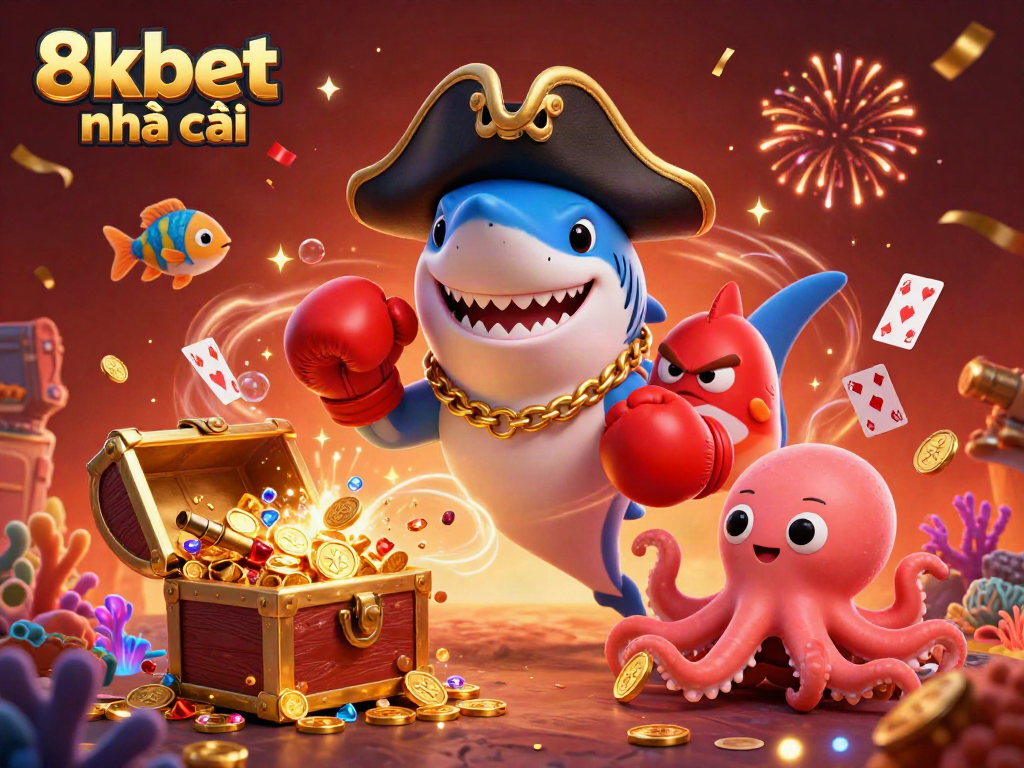 Engage with 8xbet nhà cái as the pirate shark celebrates winning at a vibrant underwater casino scene.