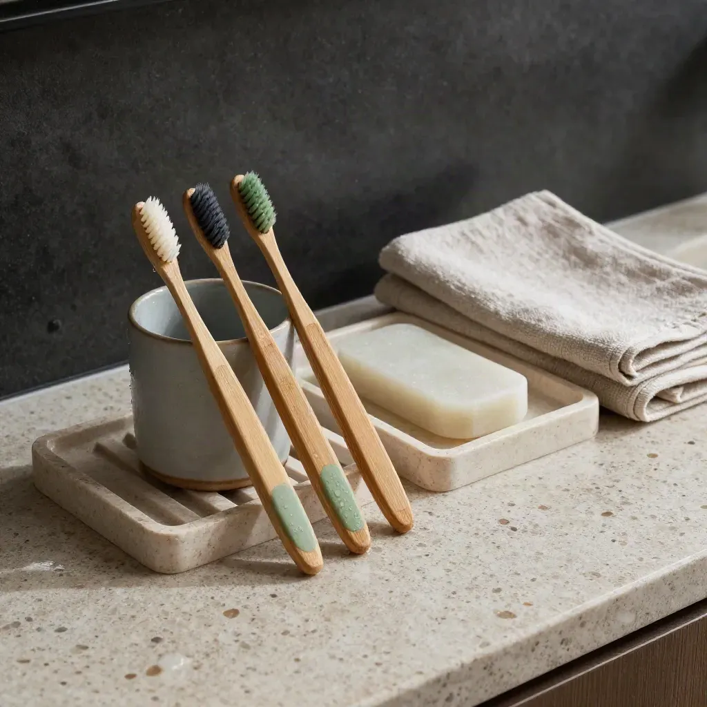 Four bamboo toothbrushes with cup, soap dish, towel and tray on rain-wet travertine at dawn.