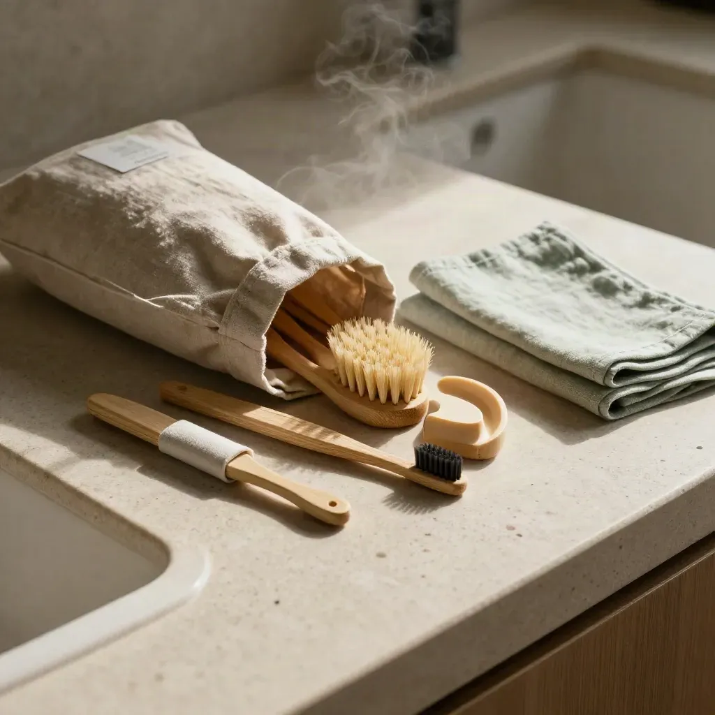 Bamboo home bundle spilling from a linen tote on stone counter beside a basin with soft steam.