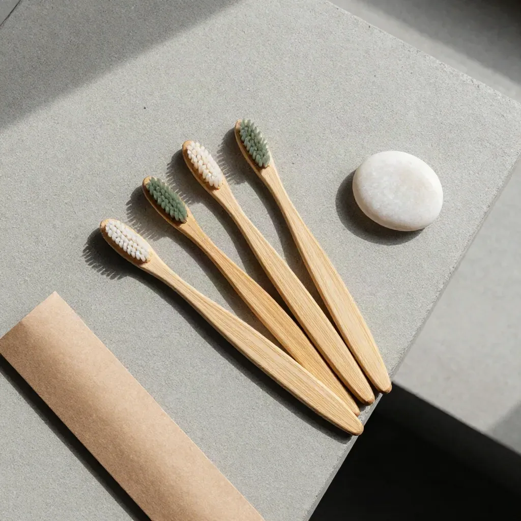 Overhead flatlay of four bamboo toothbrushes, kraft sleeve and pale pebble on concrete.