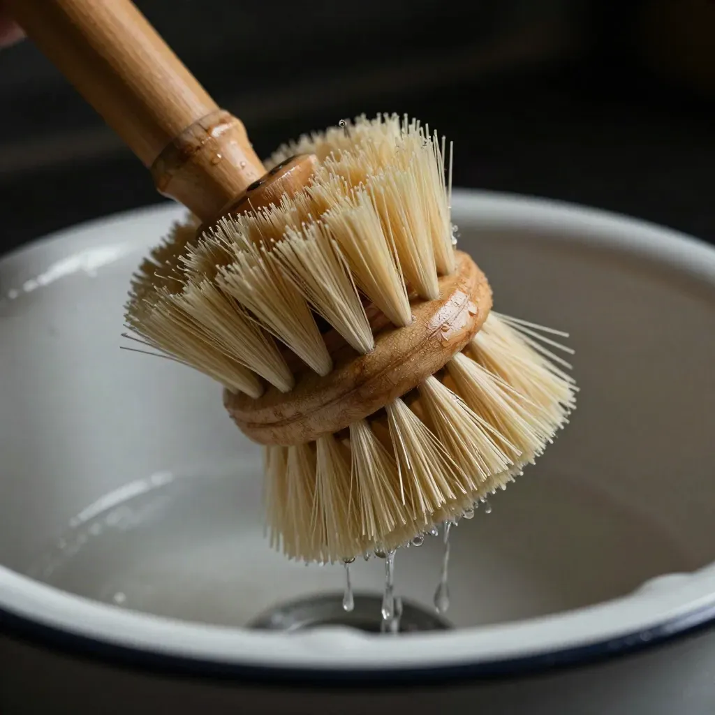Bamboo dish brushes lean in a wet basin, droplets on sisal heads and a ceramic bowl rim.
