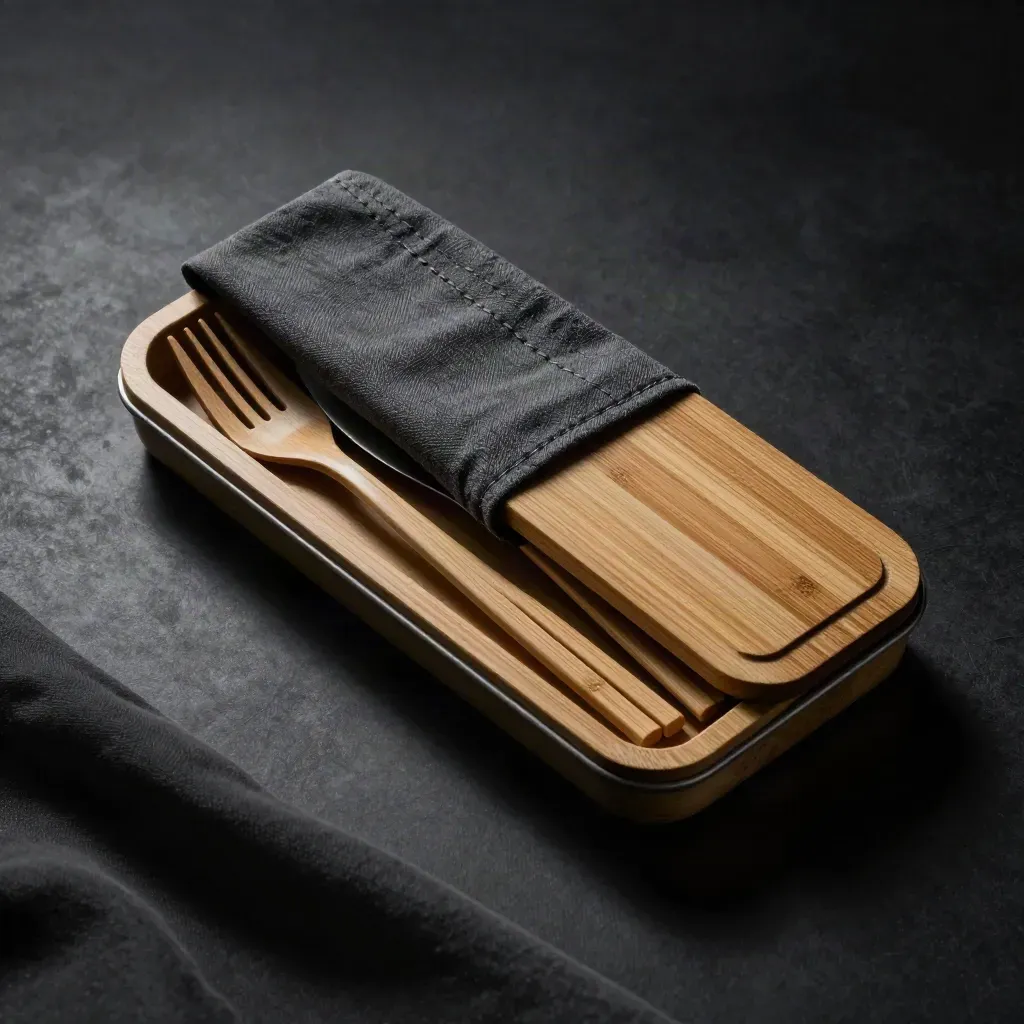 Half-open bamboo cutlery travel kit beside a lunch container on a dark surface