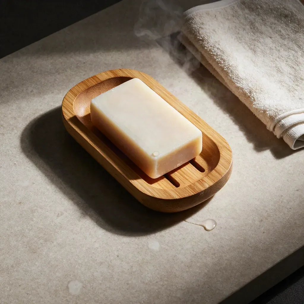Bamboo soap dish with wet bar, droplets, and folded washcloth on stone.