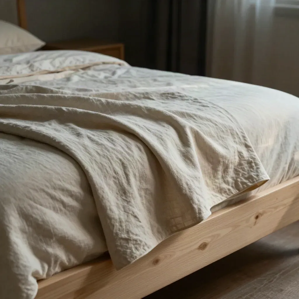 Queen bamboo sheet set folded on a bed, top sheet lifting in a soft breeze, cream and sage tones.