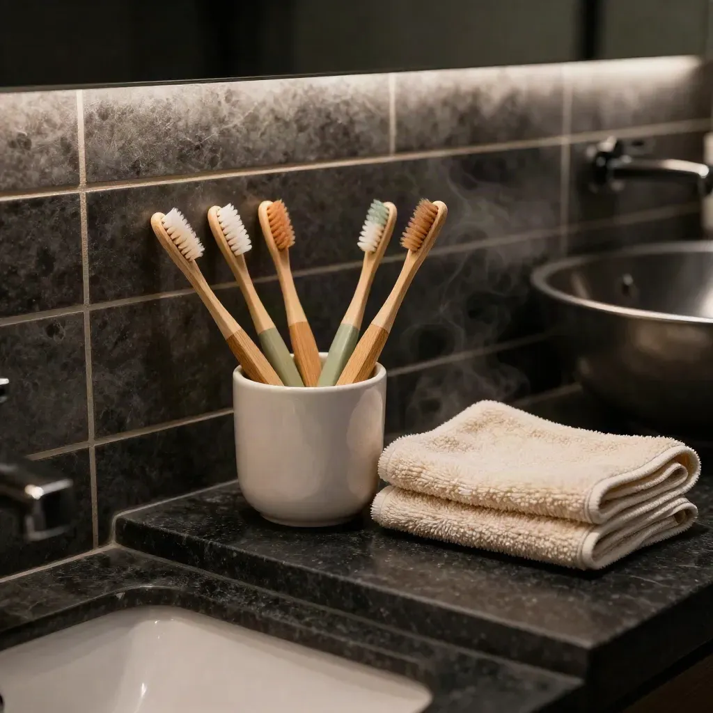Kids bamboo toothbrushes in a ceramic cup beside a folded towel in a misty dark bathroom.