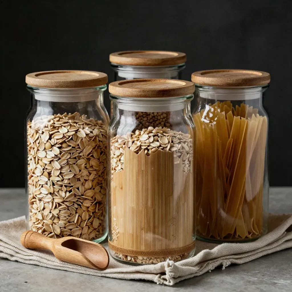 Three bamboo pantry jars of oats, lentils and pasta with scoop on travertine in moody raking light