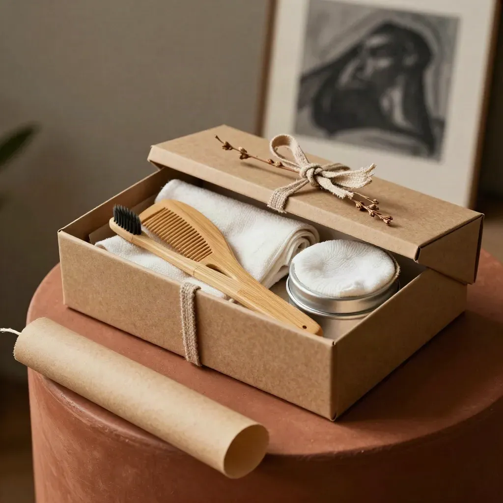 Open bamboo gift set with kraft wrap, linen ribbon, dried stems, and a charcoal accent on terracotta.