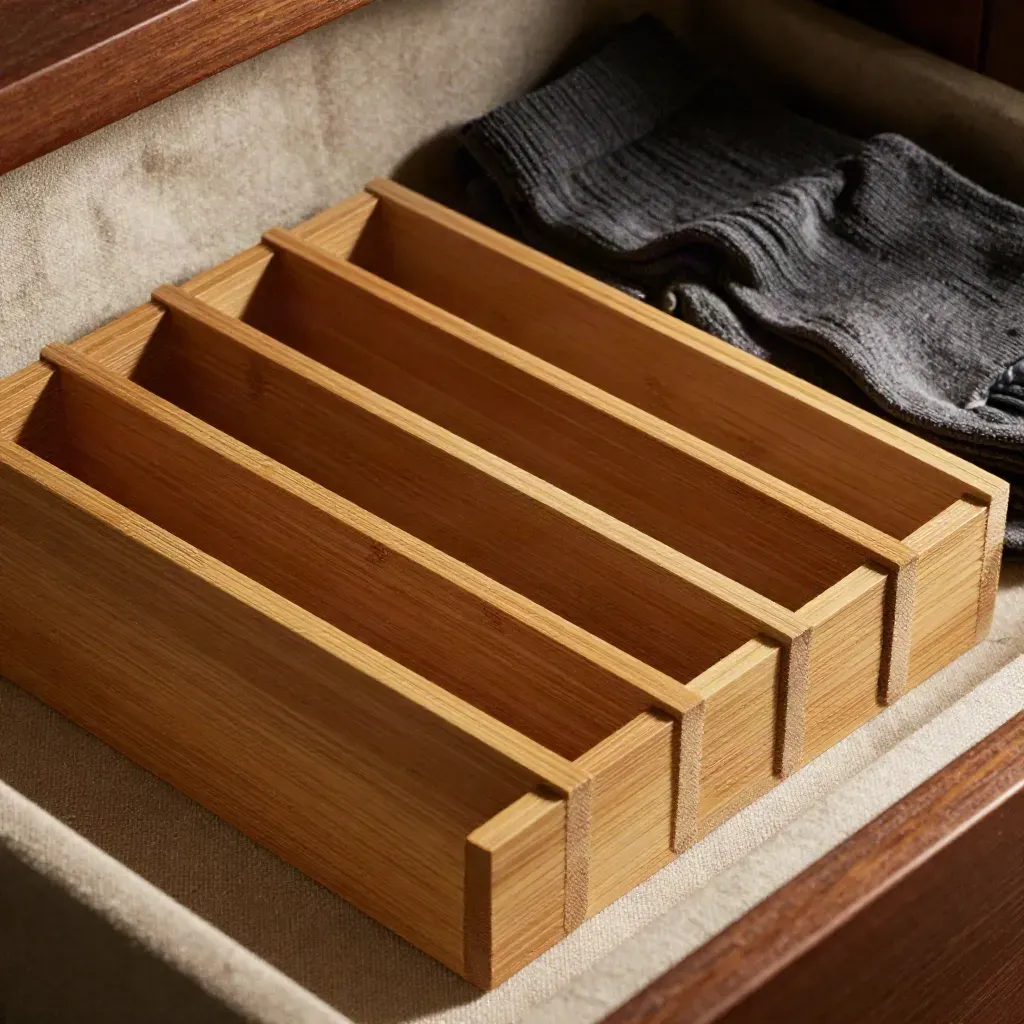 Bamboo drawer dividers beside folded socks on linen, neatly arranged in a diagonal close-up.