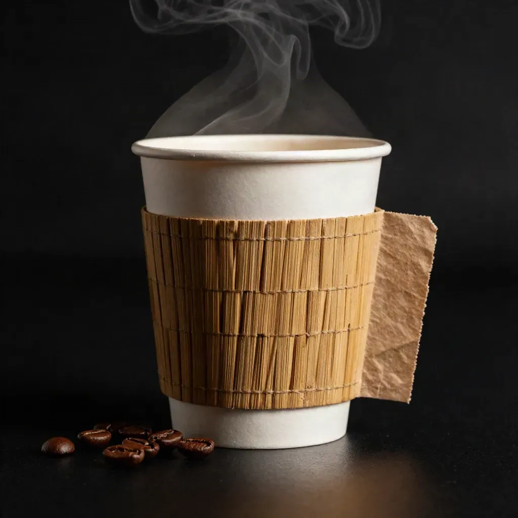 Bamboo coffee cup sleeve around takeaway cup with beans, steam, and paper bag edge