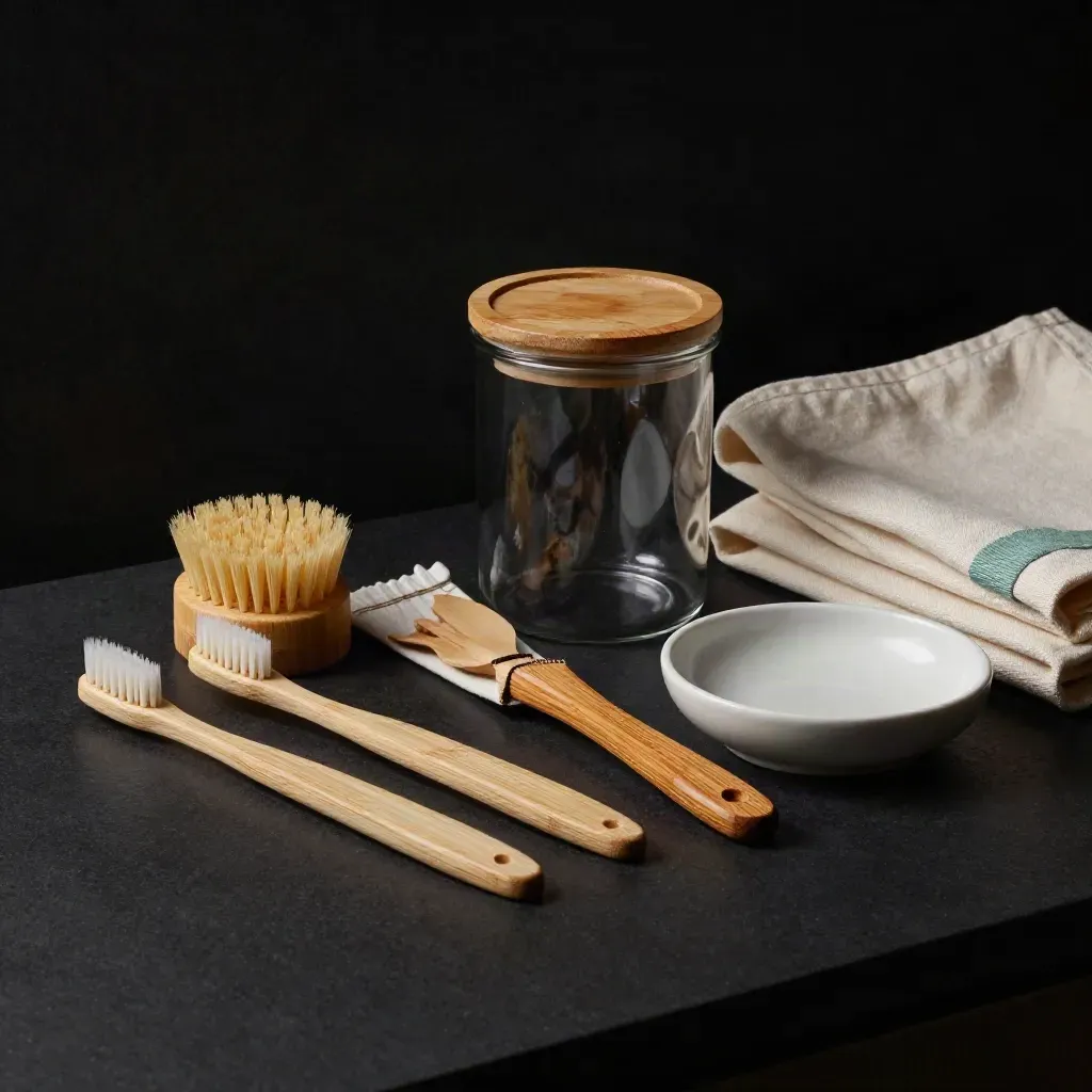 Bundled bamboo home essentials fan across a dark studio counter in dramatic rim light.