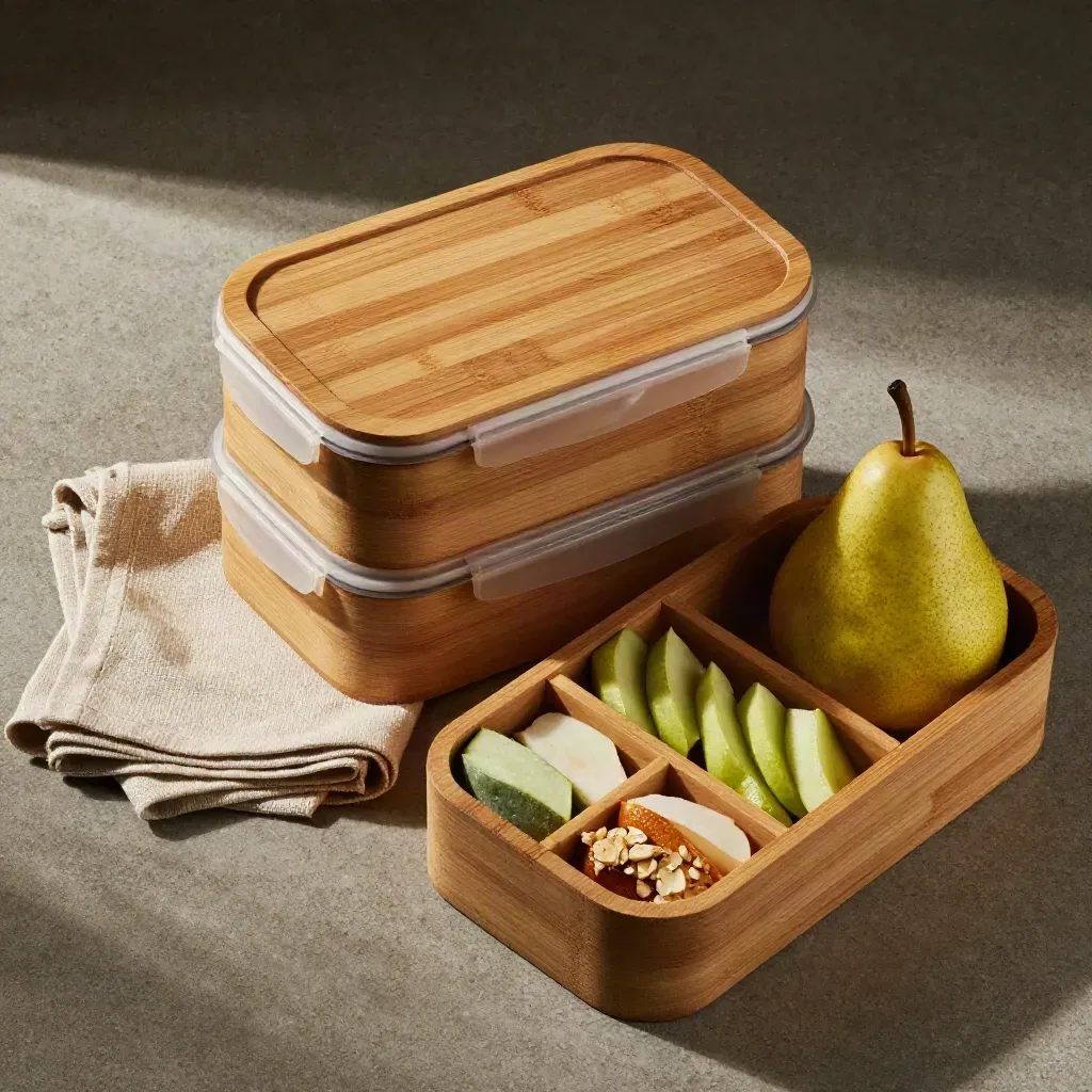 Overhead bamboo lunch box set closing beside pear and linen napkin on stone.