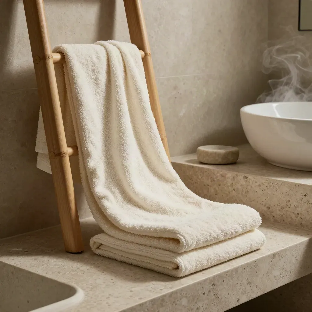 Two bamboo bath towels draped in a spa-like bathroom with a stone soap bar and ceramic basin.
