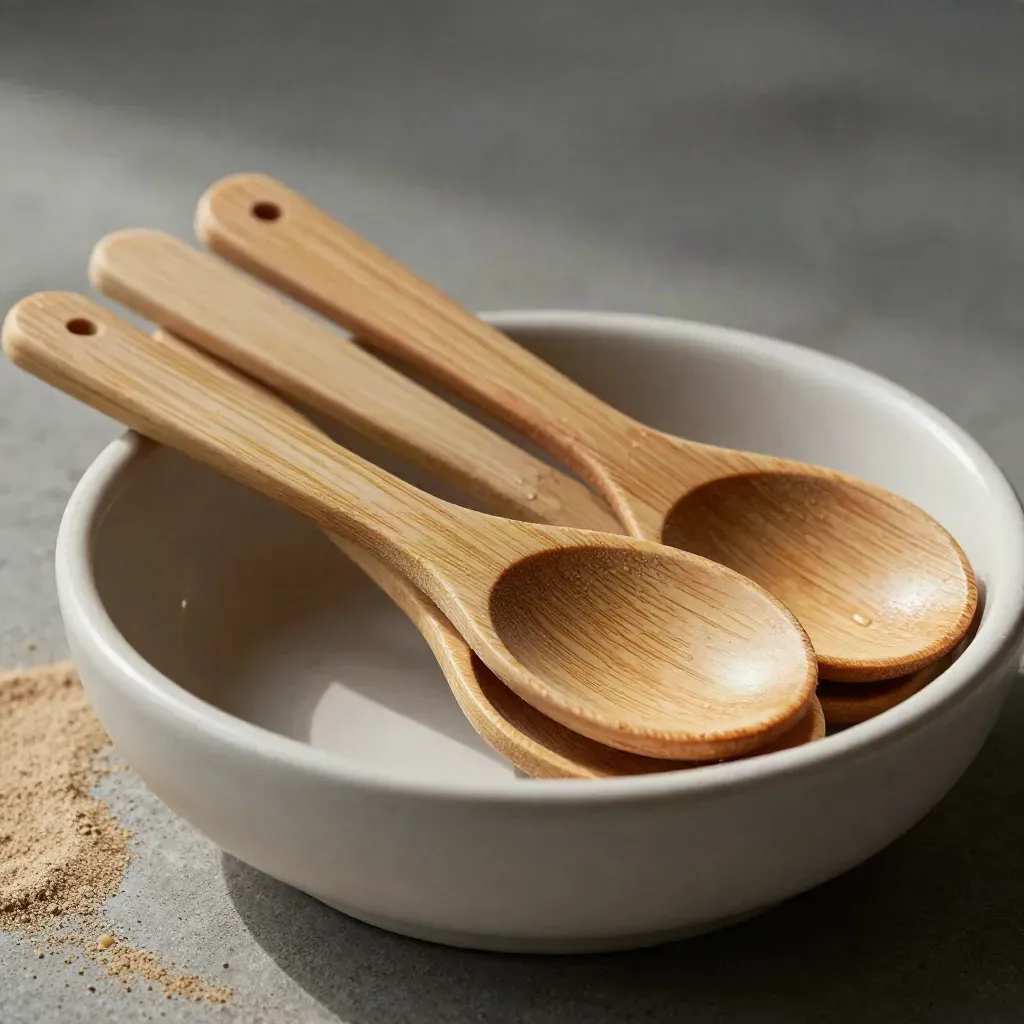 Four bamboo baby spoons nest in a cream ceramic ramekin with soft steam and concrete-grey light.