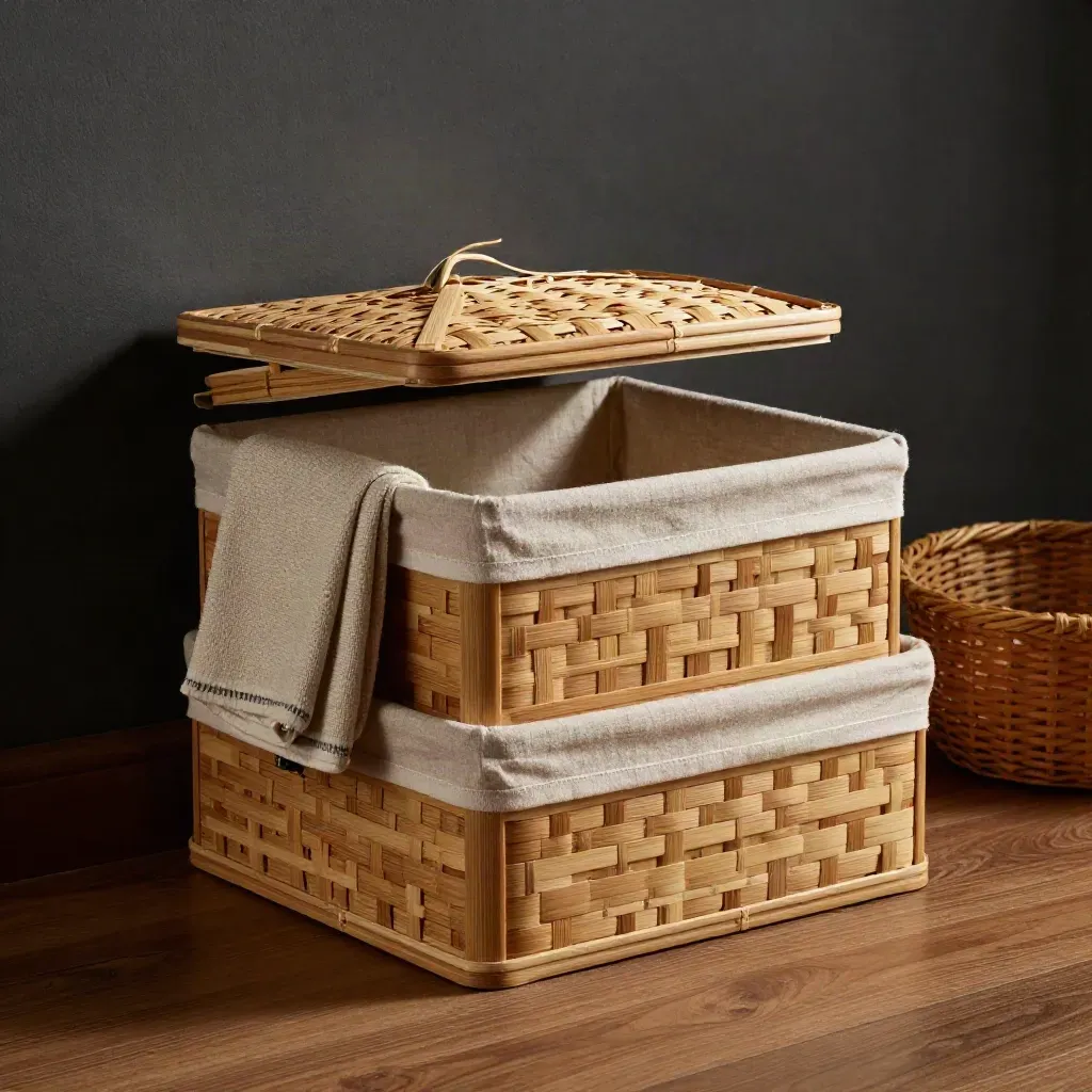 Nested bamboo storage bins with linen liners, a folded throw, and a woven basket on an oak floor.