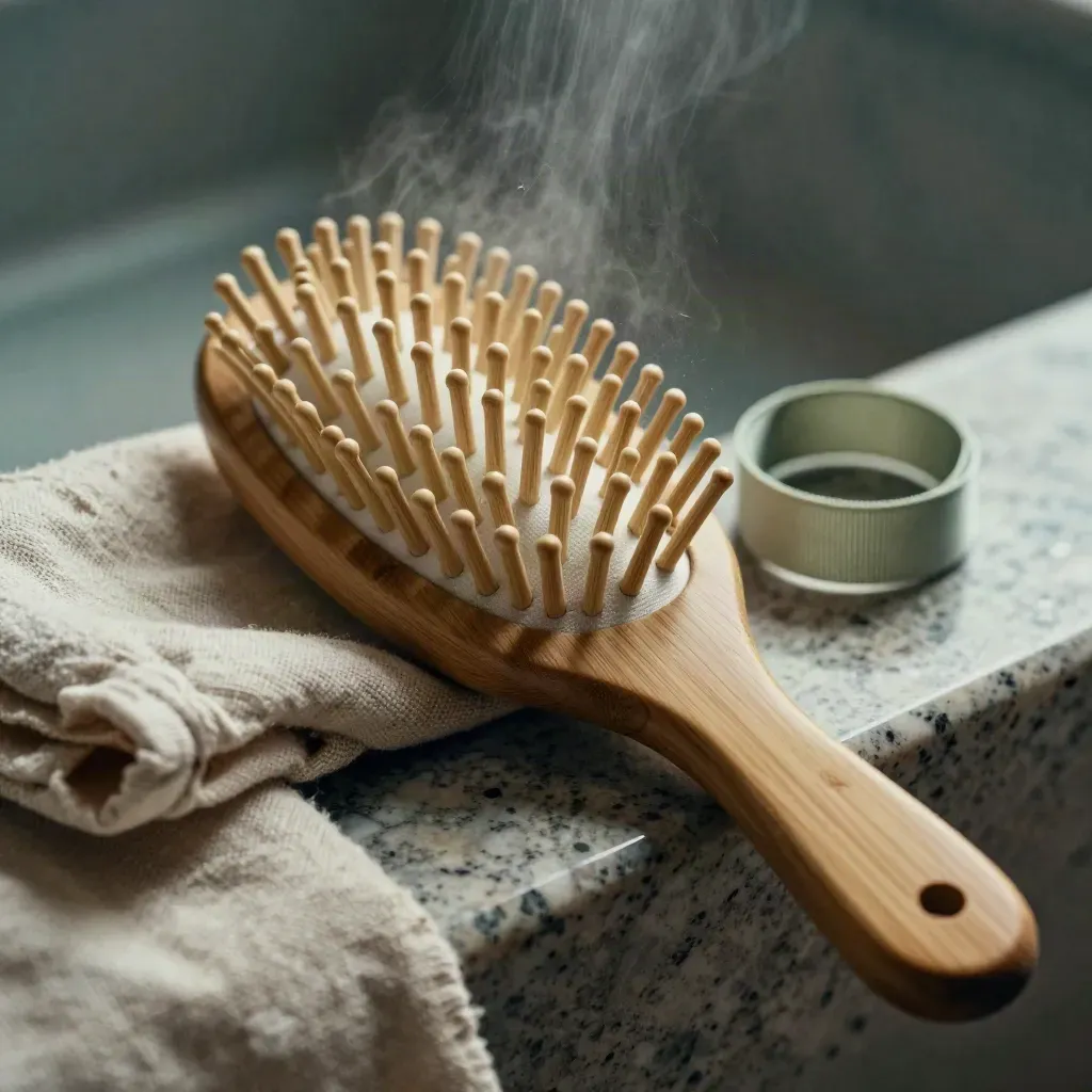 Bamboo hair brush, linen pouch, and sage ribbon on a travertine ledge in soft daylight.
