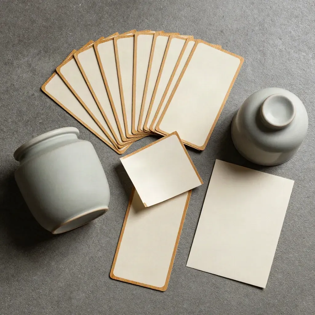 Overhead bamboo pantry labels fanned beside a sage jar on charcoal concrete.