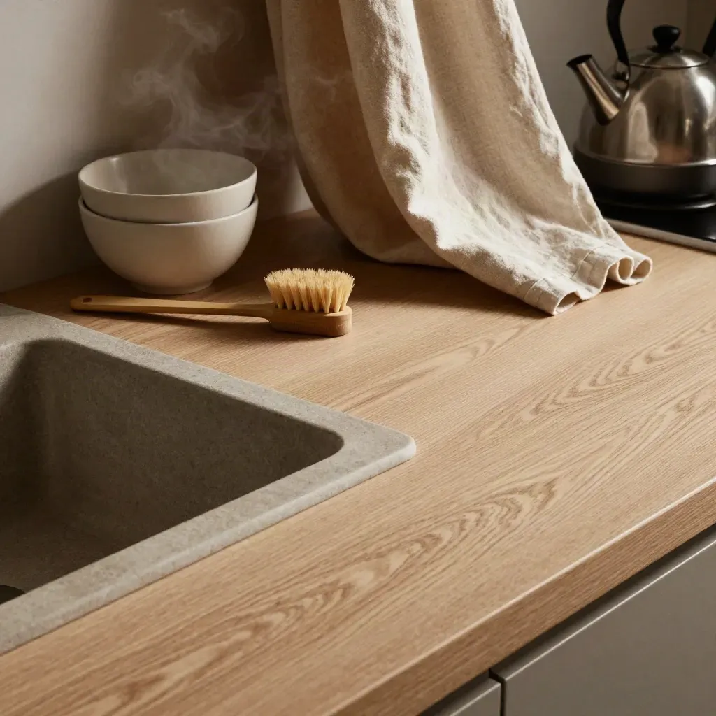 Pale oak counter with stone sink, stacked bowls and linen in soft morning steam