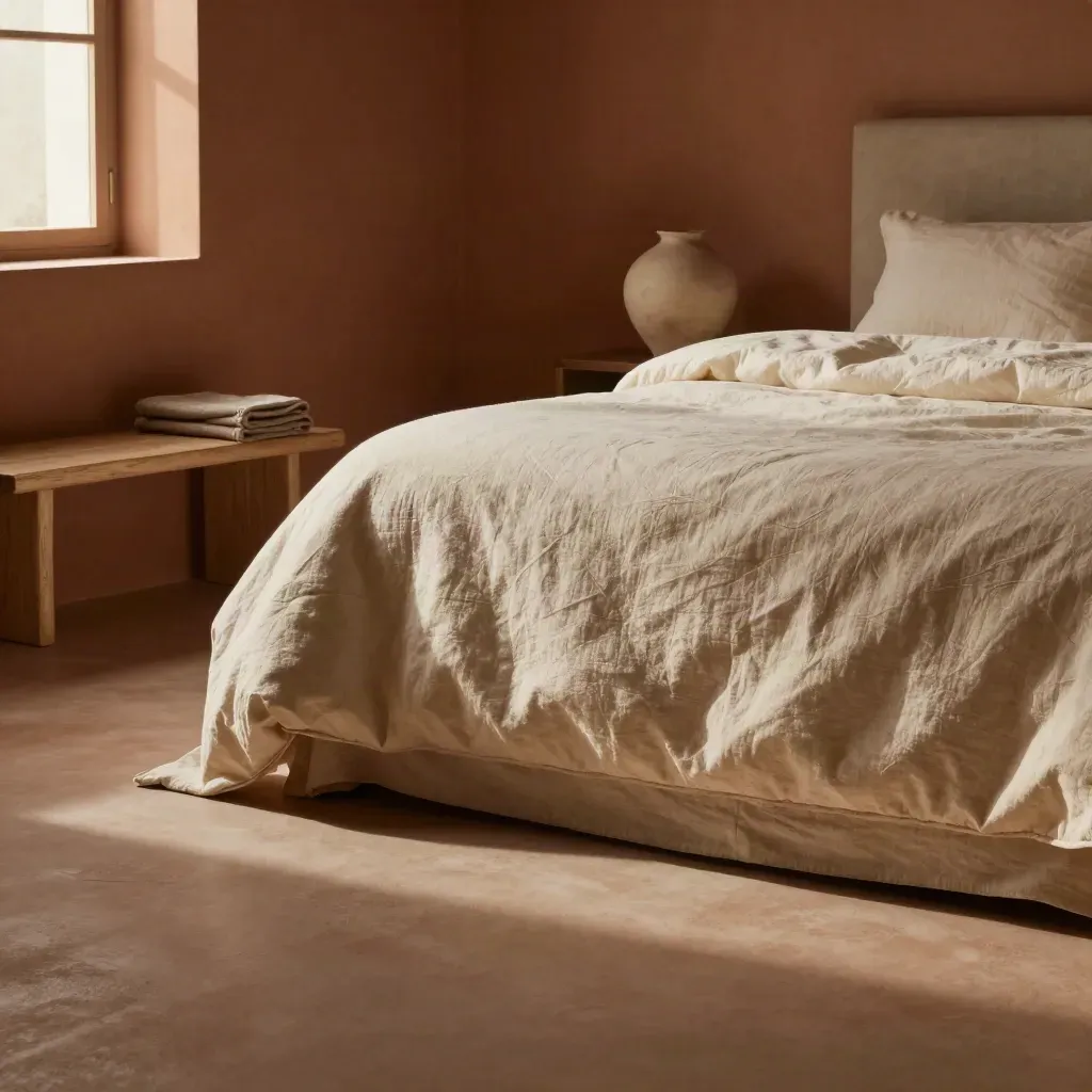 Quiet linen bed in dusk light with shadowed headboard and calm copy space below.