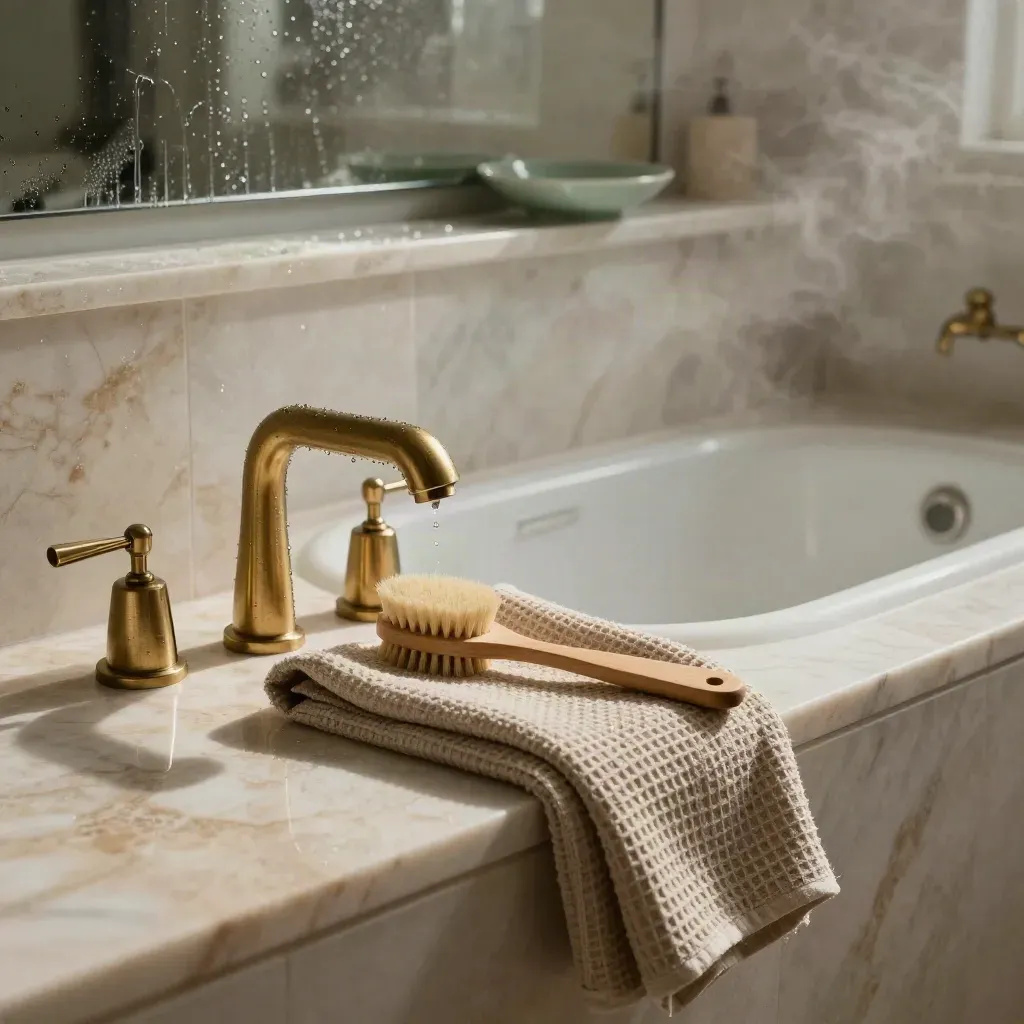 Steamy marble bath ledge with brass tap, waffle towel, bath brush and misted mirror edge.