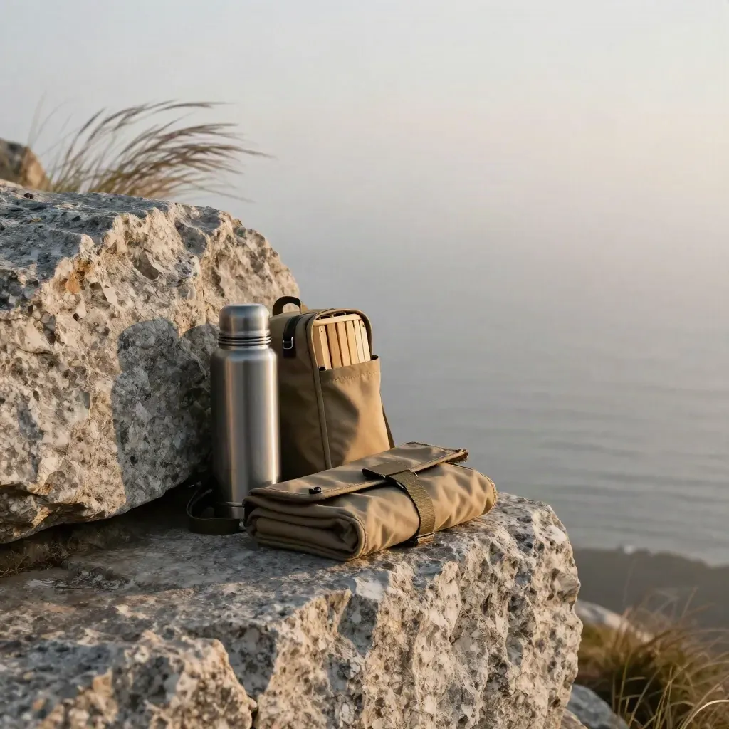 Granite lookout with canvas seat, thermos and misty horizon at golden hour