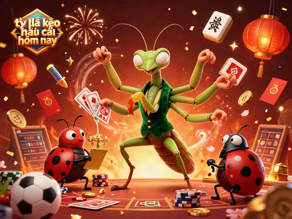 Engaging dynamic scene with tỷ lệ kèo nhà cái hôm nay featuring a giant mantis card sharp and a ladybug pit boss in a lively casino atmosphere.