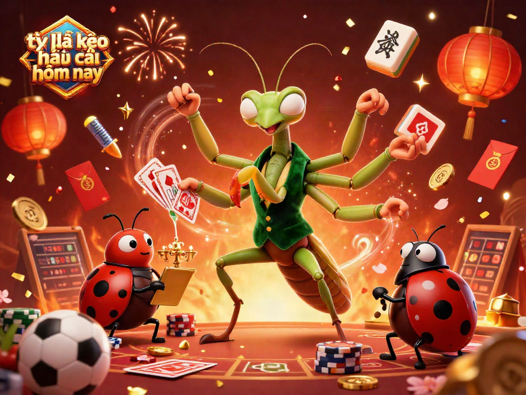 Engaging dynamic scene with tỷ lệ kèo nhà cái hôm nay featuring a giant mantis card sharp and a ladybug pit boss in a lively casino atmosphere.
