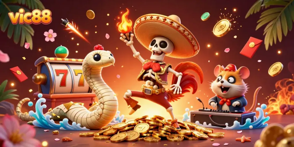 Experience the thrill of slots with vic88 as a skeleton mariachi rooster dances atop golden coins.