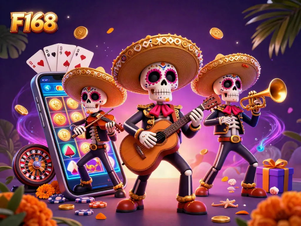 Play slots with F168's animated mariachi band amidst vibrant casino elements and festive atmosphere.