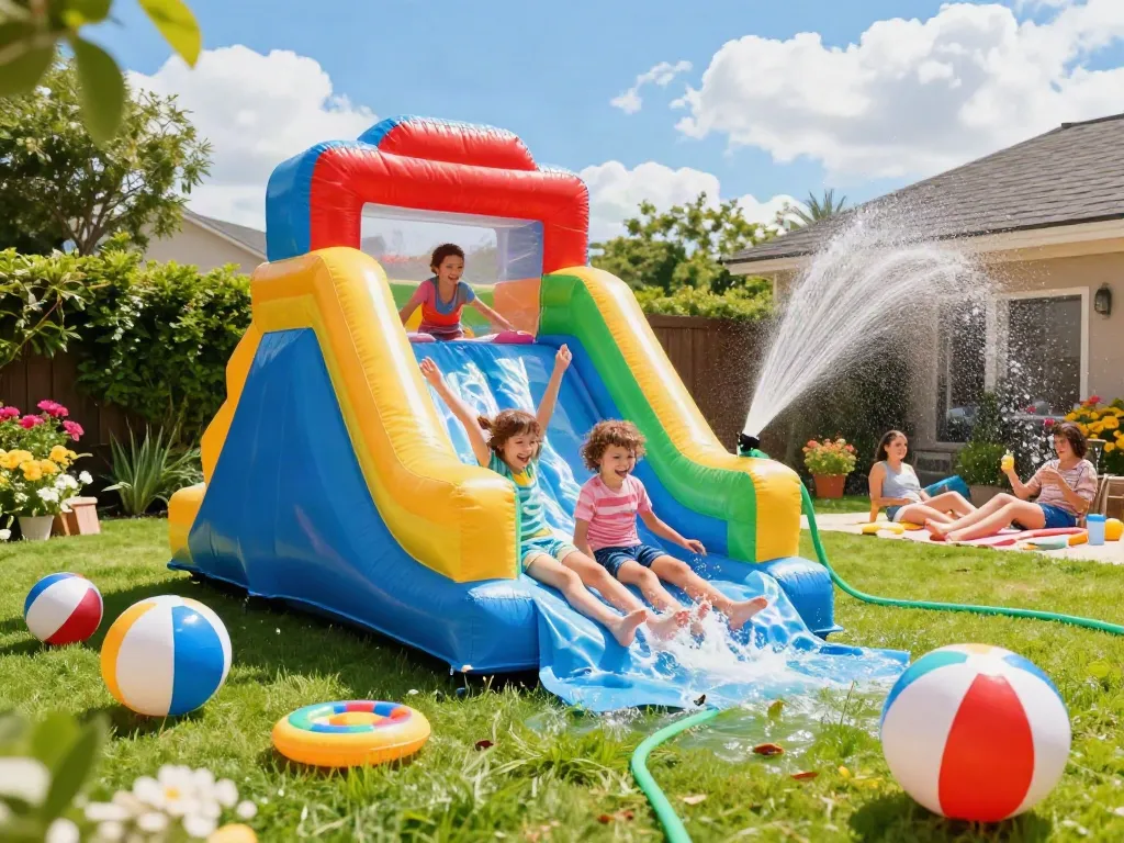 Exciting inflatable water slide scene with children enjoying summer fun in the backyard.