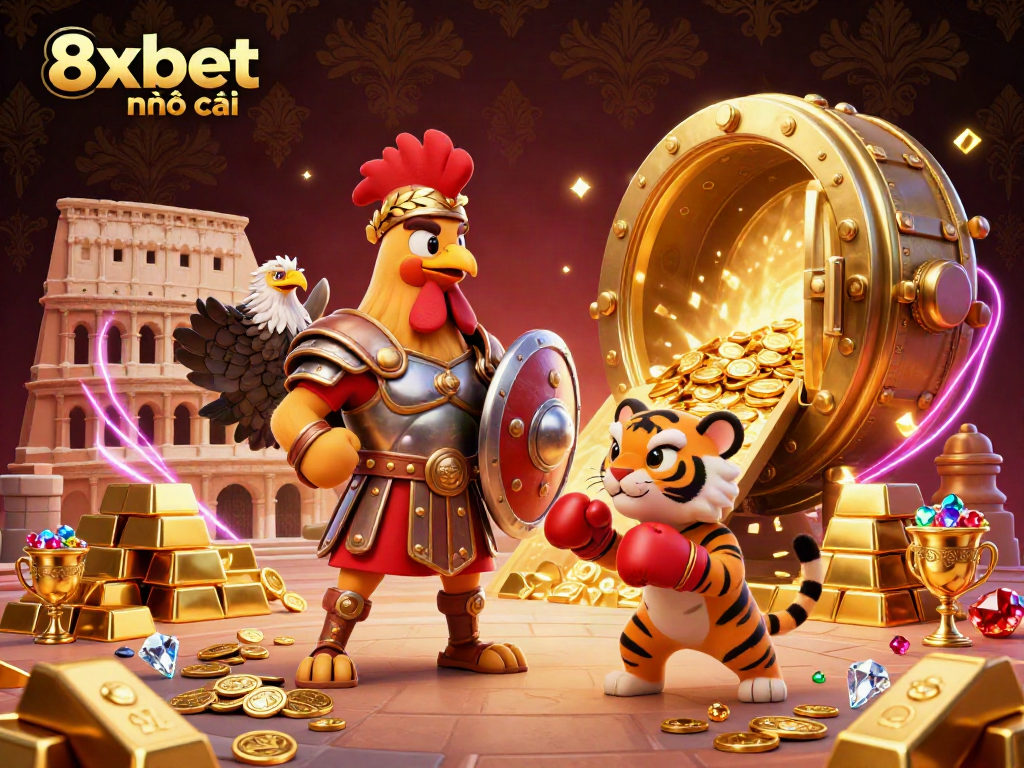 Engage with 8xbet nhà cái in this colorful 3D casino illustration featuring a gladiator rooster amidst treasures.